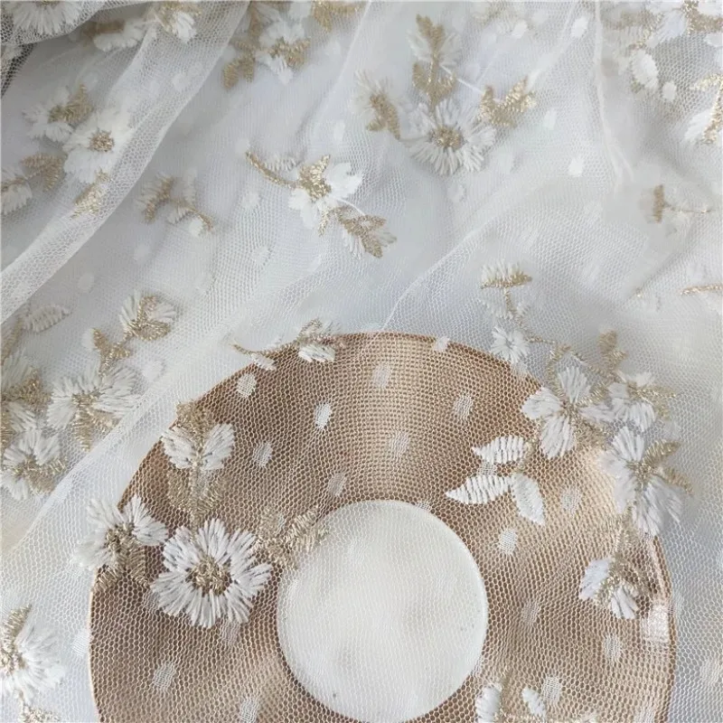 White Polka Dot Mesh Embroidered Flowers Lace Fabric Tulle Fabric for Wedding Dress Skirt