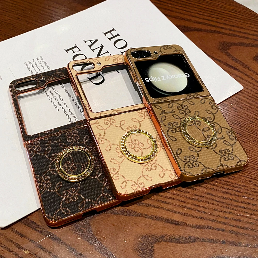 

Luxury Gold Leather Cover For Samsung Galaxy Z Flip 5 Flip 6 Retro Plaid Flower Pattern Case For Samsung Galaxy Z Flip 3 Flip 4