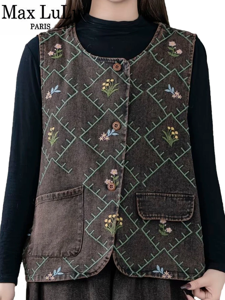 Max LuLu Autumn Womens Fashion Vintage Waistcoats Leisure Classic Embroidery Sleeveless Clothes Females Loose Floral Denim Vest