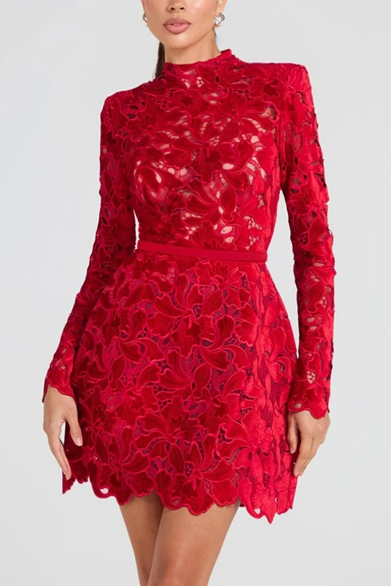 Elegantes Hakenblumen-Hohlkleid, Frühlingskleidung für Damen, 2026, lange Ärmel, Minikleider, Abendparty, Club, A-Linien-Kleid, Vestidos