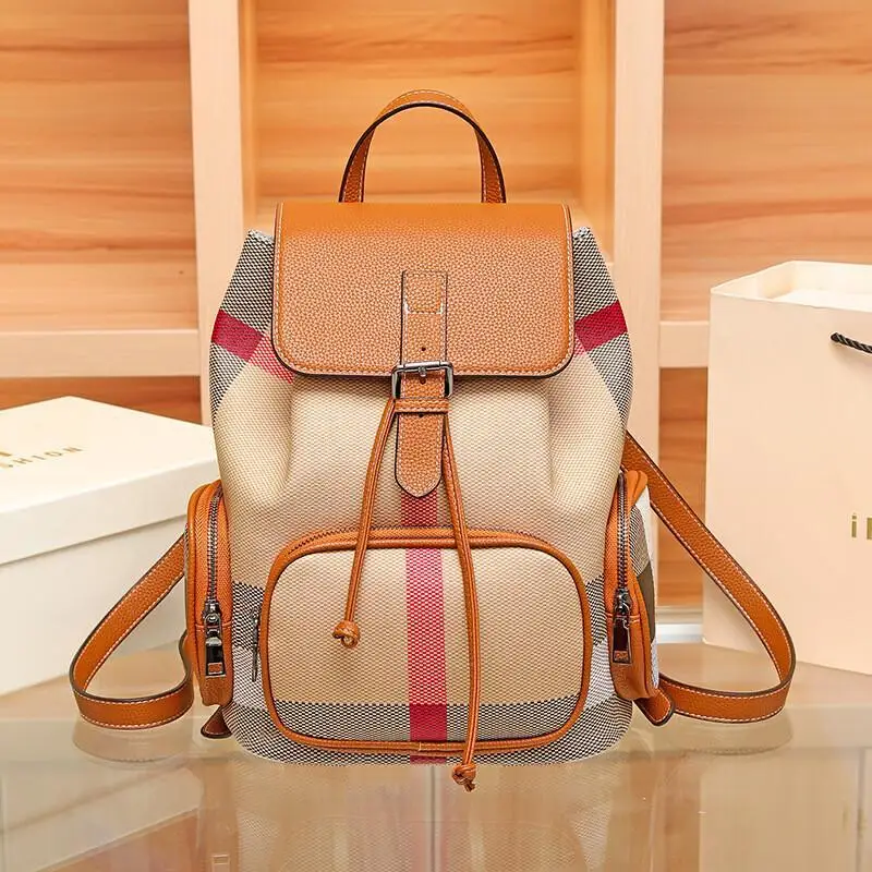 Fashionable High Quality Leather Backpack New Checked Large Capacity Casual Backpack Simple and Popular Women\'s Travel Bag