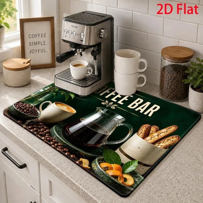 Kitchen Drainage Mat 2D Flat Espresso Maker Support Pad Super Absorbent Coffee Bar Sign Tableware Drying Countertop Rug