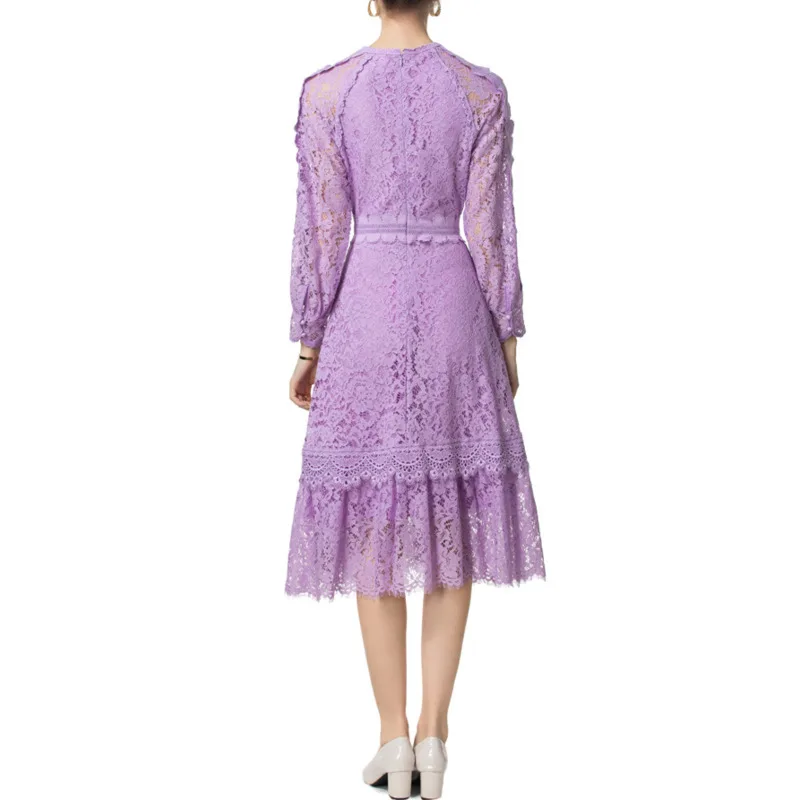 QMQA Fashion Women's  Lace Hook Flower Hollow Dresses Round Neck Long Sleeved Waist Dress 2025 Female Spring New Clothing QM33