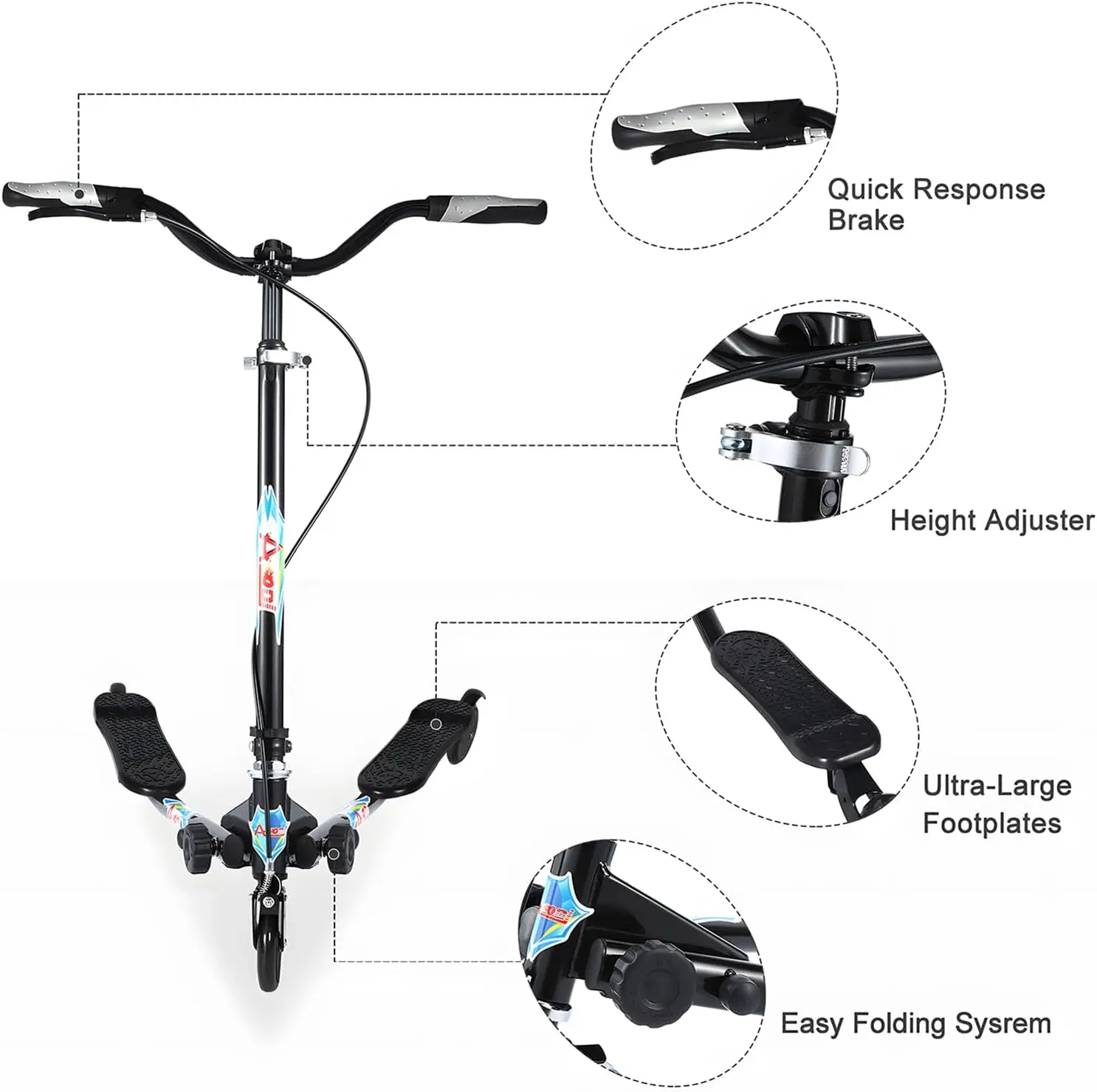 Patinete Swing Wiggle, patinete plegable a la deriva de 3 ruedas con altura ajustable de 4 niveles/plegable para niños/mujeres/hombres de 6 años y más
