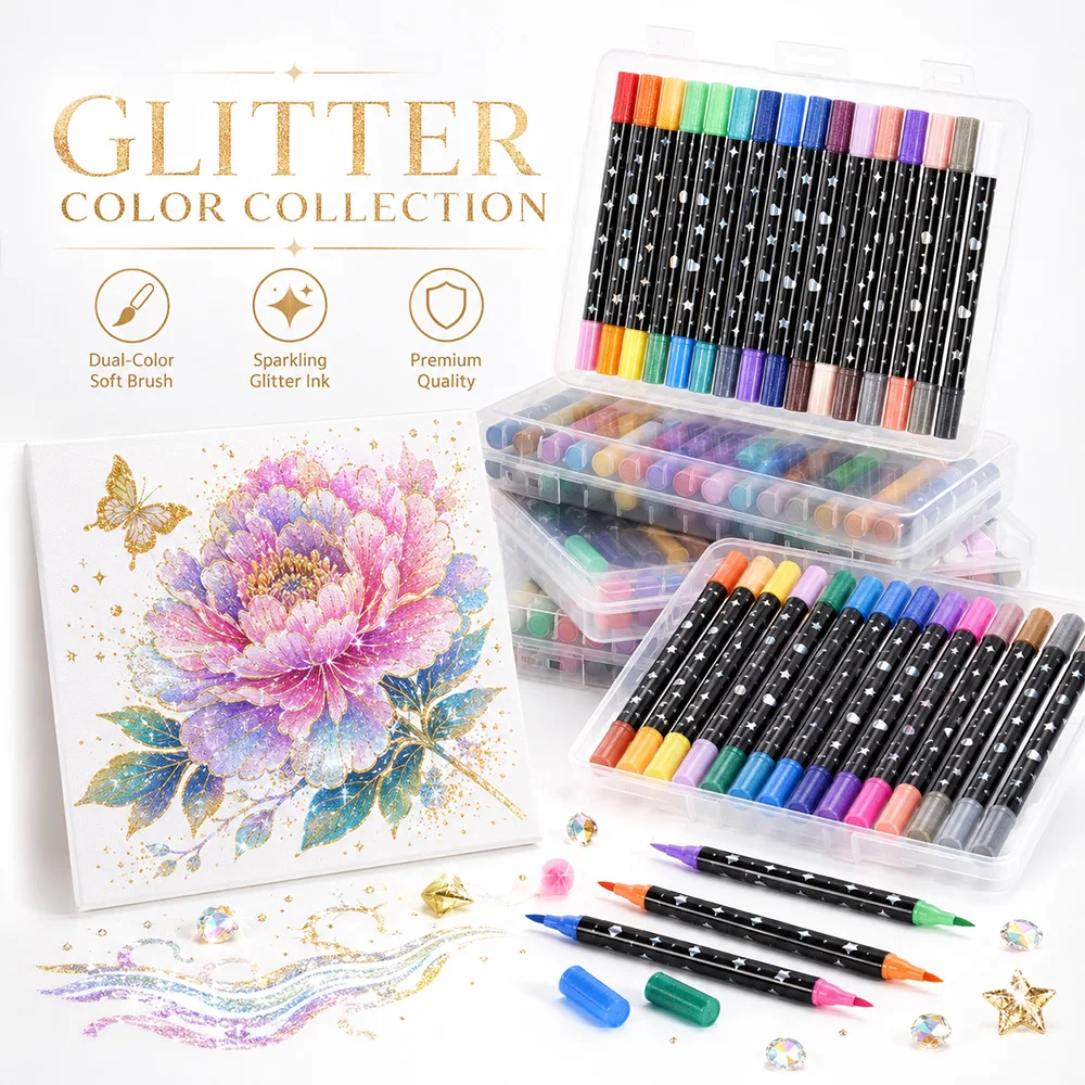 

12/24/36/48/60 Pcs Dual Tip Glitter Brush Marker Set Non-toxic Sparkling Art Pens Drawing Journaling Crafts Illustration DIY Art