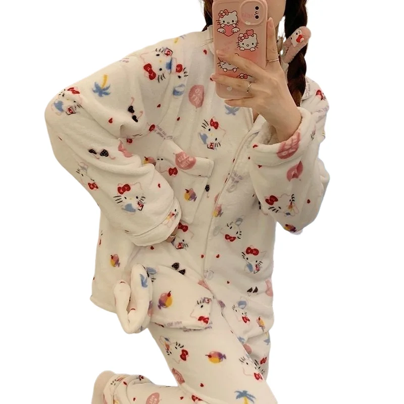 Sanrio Hello Kitty Winter Cotton Coral Fleece Thickened Women's Pajamas Women's Flannel Cartoon Warm Casual Homewear New Style