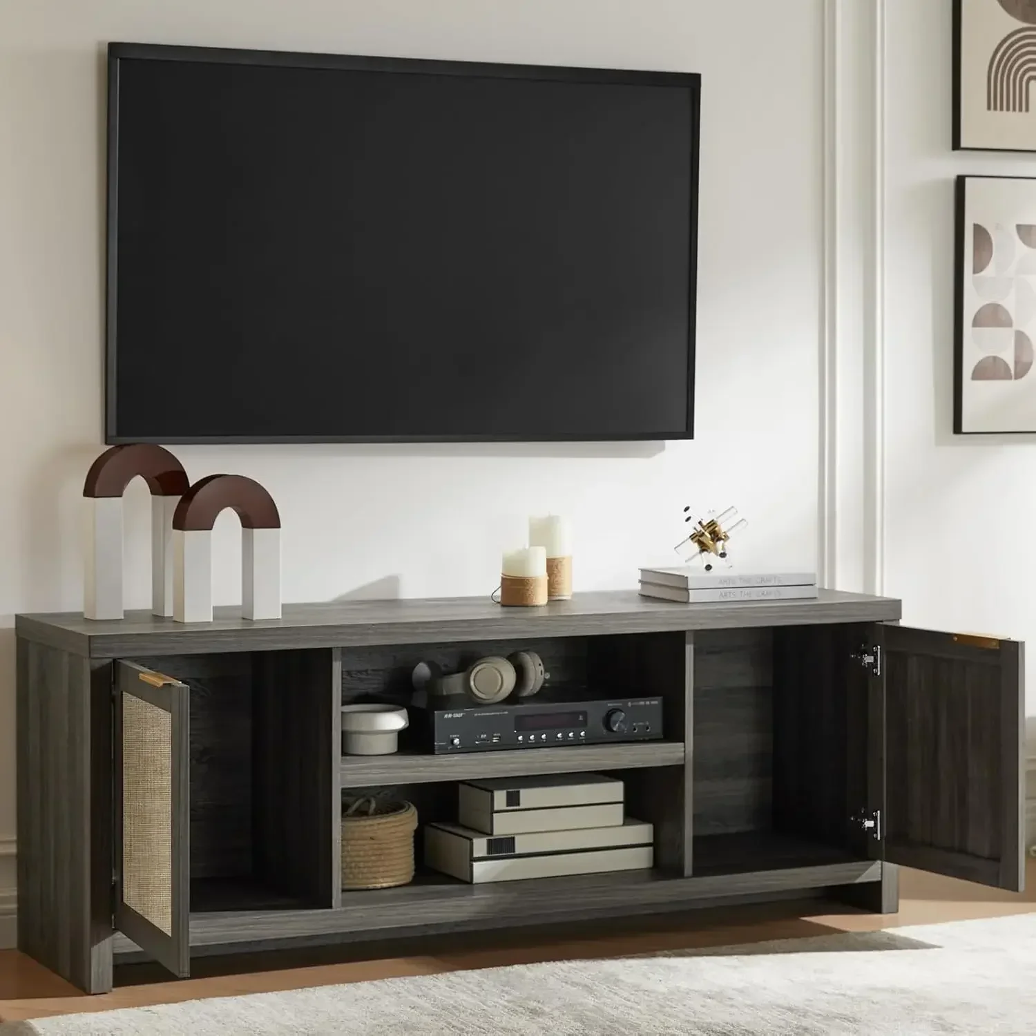 Hampstead TV Stand for Living Room, Modern Entertainment Center for 65 inch TV, 2 Rattan Doors Cabinet Media Console, TV Console