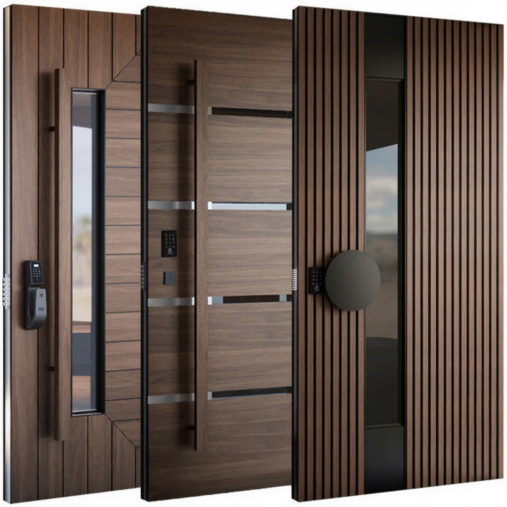 Classic American Style Design Home Entrance Steel Door with Anti-theft Security Stripes Aluminum Wood Pivot Door for House