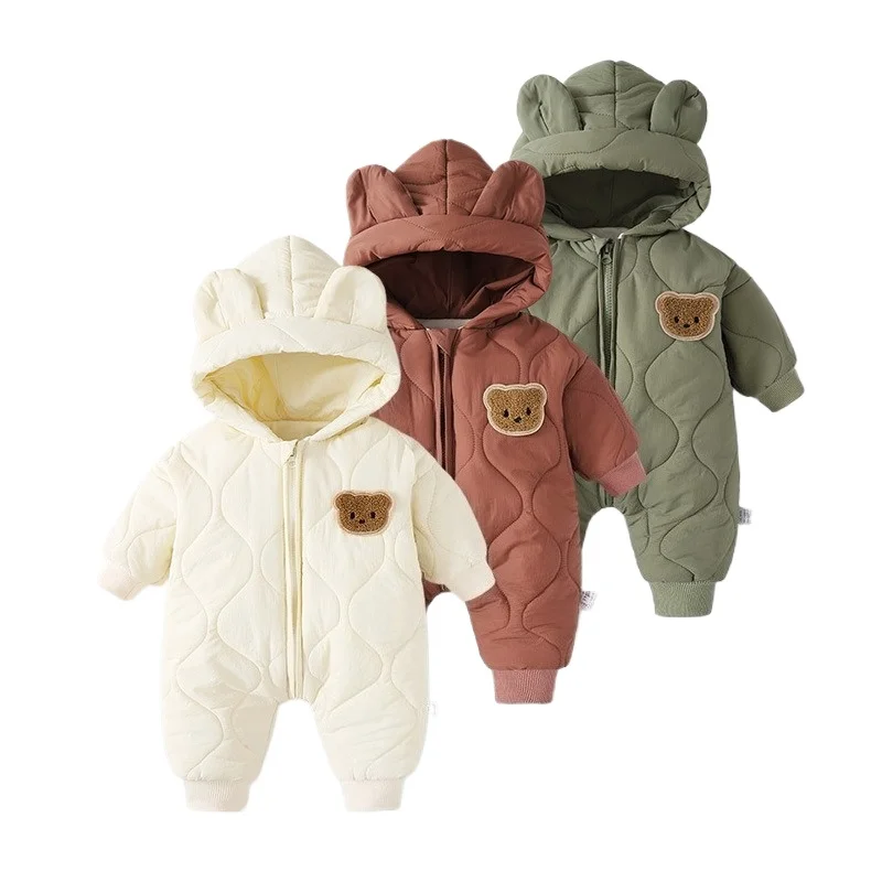 Autumn and Winter Newborn Baby Jumpsuit Thickened Warm Cotton Jacket Cartoon Bear Hooded Baby Set