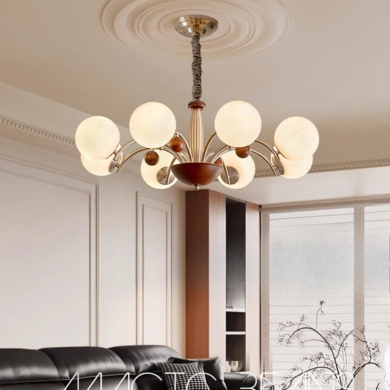 

French Retro Carbon Steel Ceiling Chandeliers White Glass Ball Pendant Light Living Room Bedroom Restaurant Wooden Hanging Lamps
