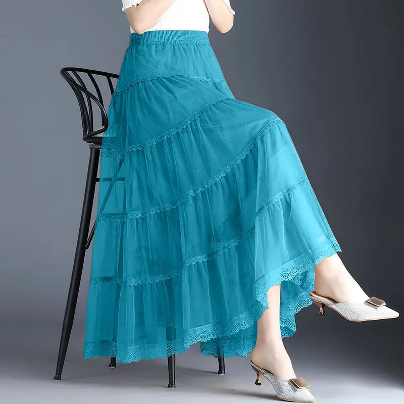 Three-layer Big Swing Gauze Skirt Women\'s Spring and Summer New Solid Long Skirt A-line Pleated Cake Skirt