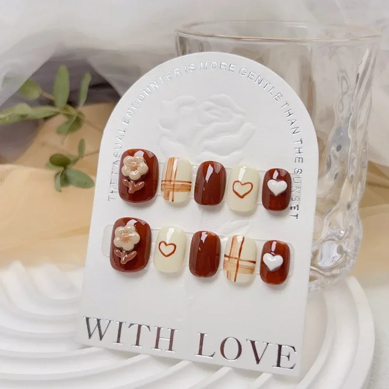 10pcs Press-On False Nails Brown Handmade with 3D Flowers and Hand-drawn Hearts Grid Pattern Short Full Cover for Women & Girls