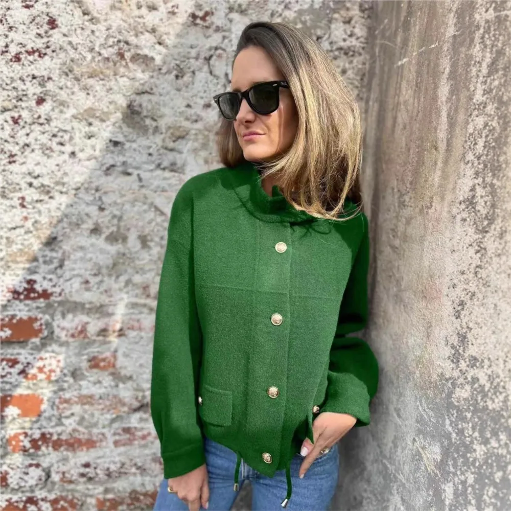 

Модное шерстяное женское пальто с полувысоким воротником-стойкой, новое осенне-зимнее повседневное свободное кардиган с карманами, женская куртка с длинными рукавами