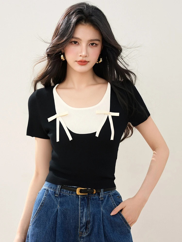 エレガントな弓ニットトップス 2025 夏の新純粋な欲望甘いスパイスガール半袖 Tシャツファッション偽ツーピーストップ