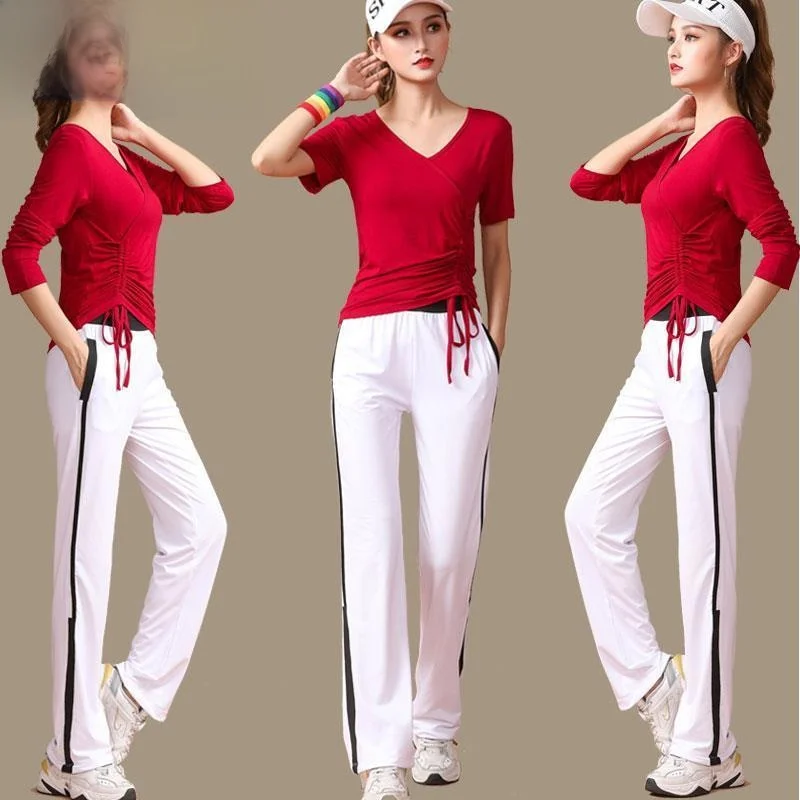 

New Cotton ort Sve Fitn Dancewear Set Women's Square Dance Sportswear Pure Cotton Mid-aged And ly Fitn D...
