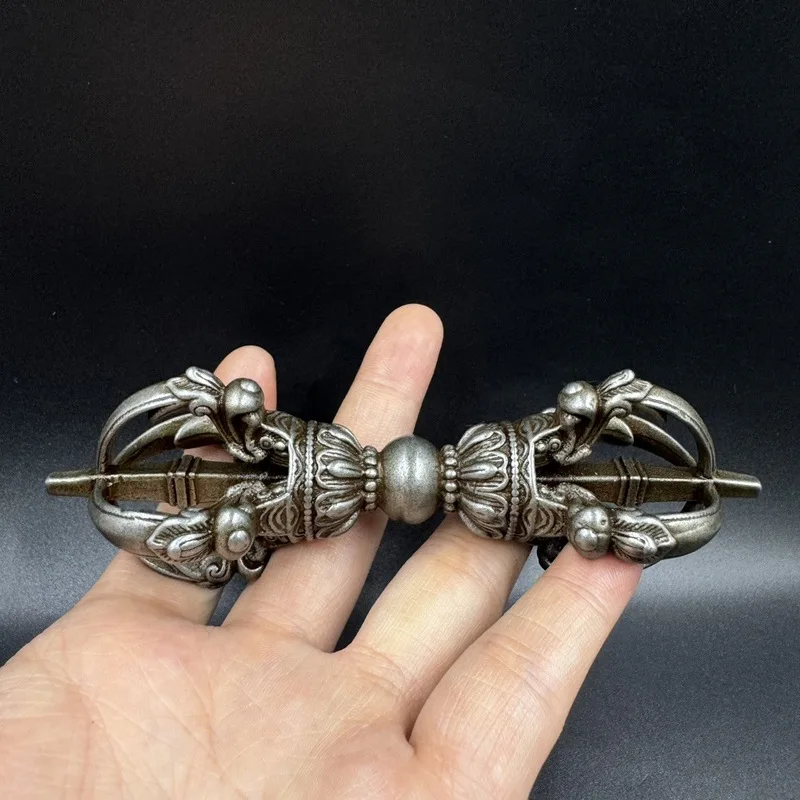 Hand-carved large-sized demon-suppressing pestle ornament, five-pronged vajra, antique celestial iron magic instr
