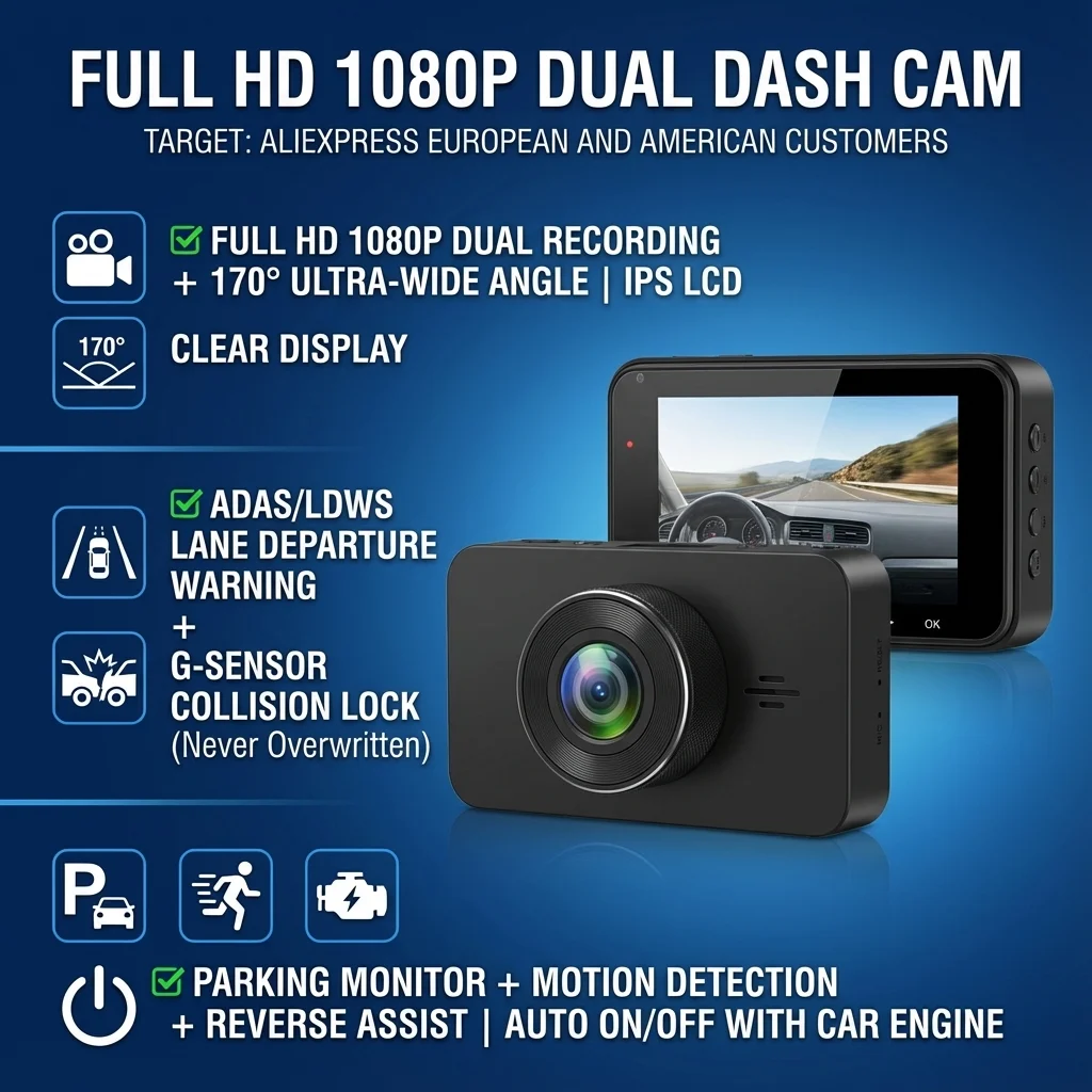 1296P Full HD Dual Lens Dash Camera 170° Wide Angle Car DVR with ADAS/LDWS Safety Alerts Parking Monitor Motion Detection