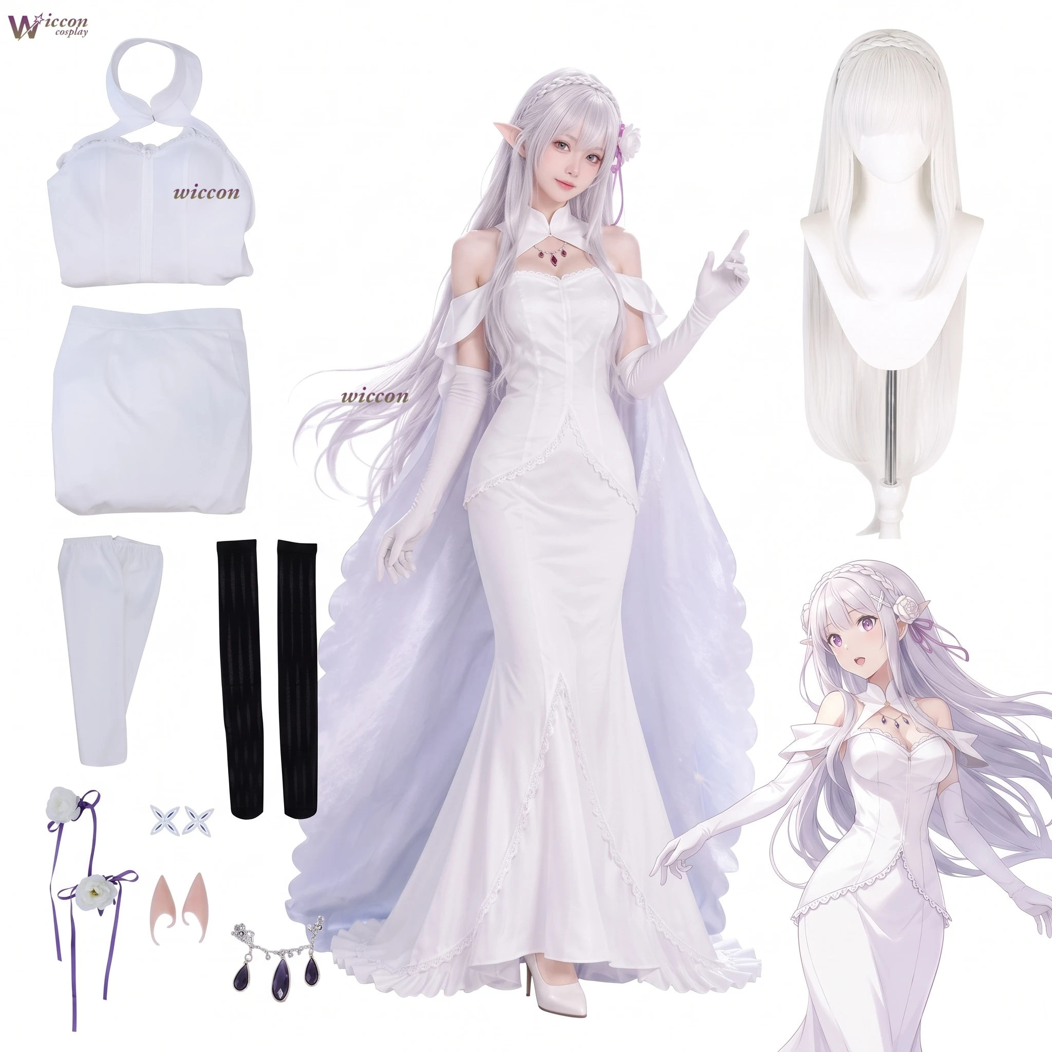 Emilia Re:Zero Life in Another World Wedding Ver Cosplay White Long Dress Veil Flower Crown Silver Wig Set Halloween
