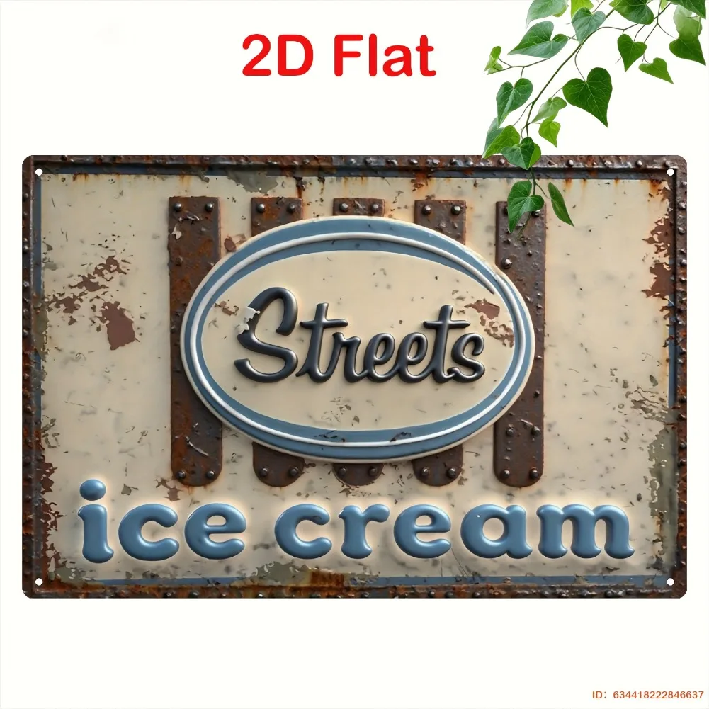 لافتة مسطحة ثنائية الأبعاد، قطعة واحدة من لافتة صالون الآيس كريم العتيقة - لوحة معدنية على طراز عشاء 50s/60s مع حروف فيروزية - حديد عالي التحمل