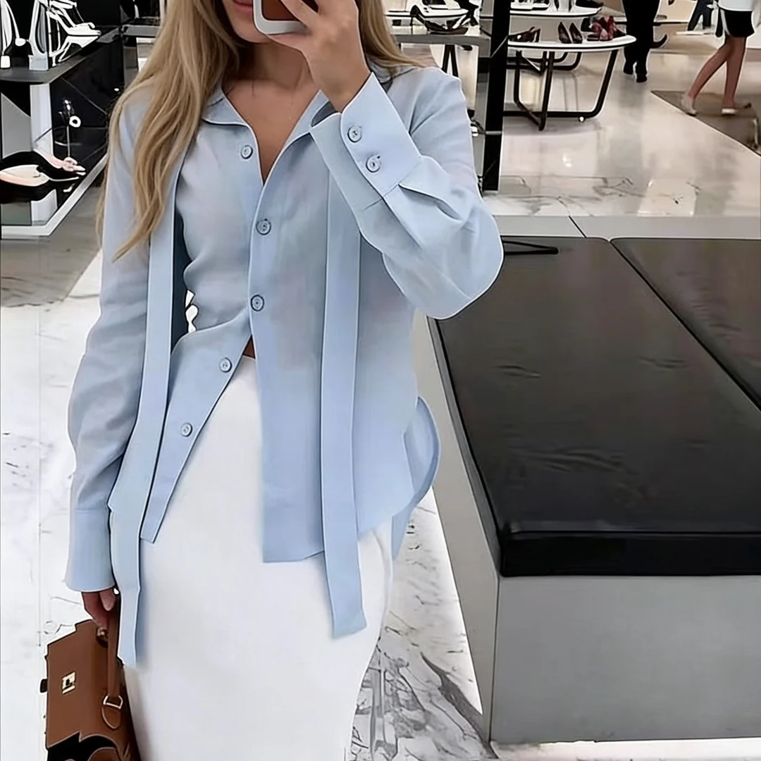 

KIDCRKJ 2026 New Spring Tie Belted Shirt Women's Floating Ribbon Cardigan Top Commuting Slim Blouse Oddicer Commuting Shirt