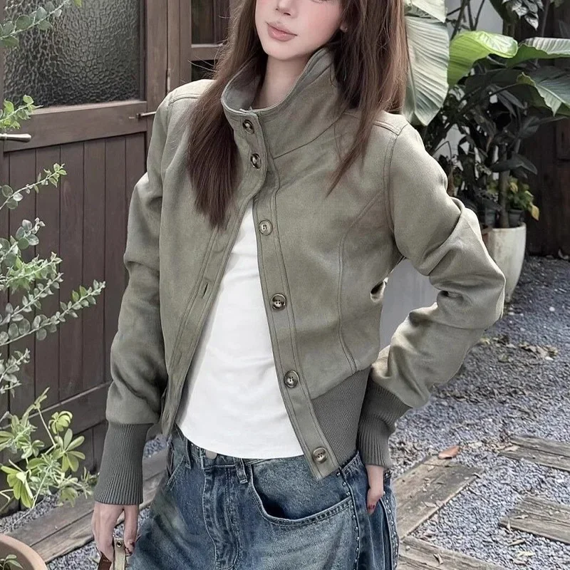 

Women's Clothing American Retro Stand Collar Short Jacket for Women Spring Autumn High Street Versatile Temperament Coat Top