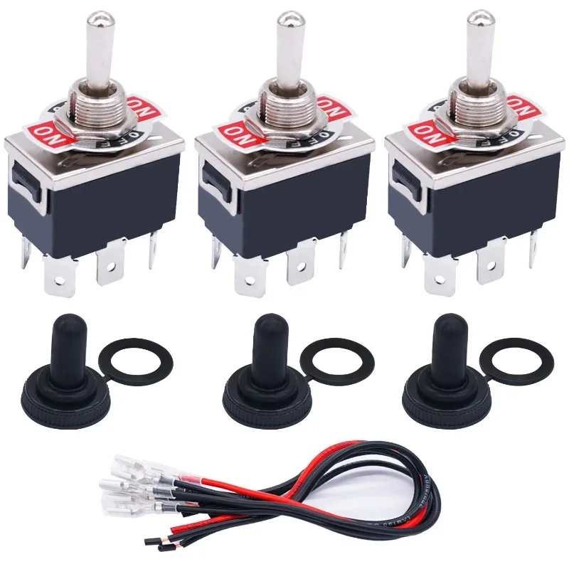 3Sets Latching Toggle Rocker Switch 6Pin ON/OFF/ON DPDT Heavy Duty 15A250VAC Switch with Waterproof Boat Cap,6.3mm Terminal Wire