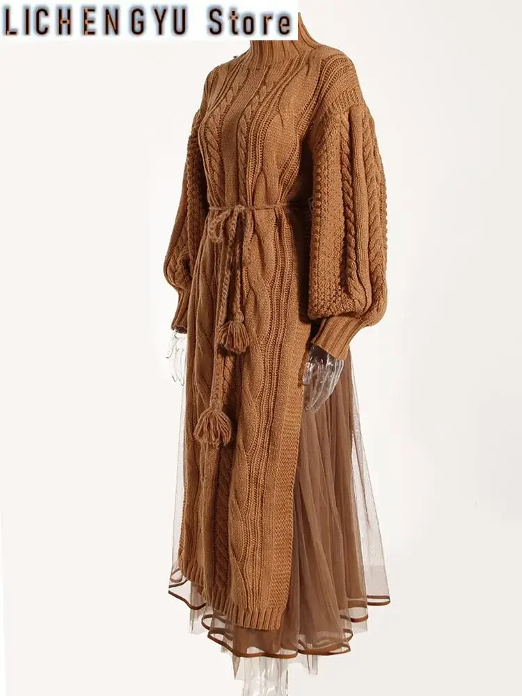 

Women khaki Knitting Mesh Big Size Dress Turtleneck Long Sleeve Loose Fit Fashion Tide Spring Autumn