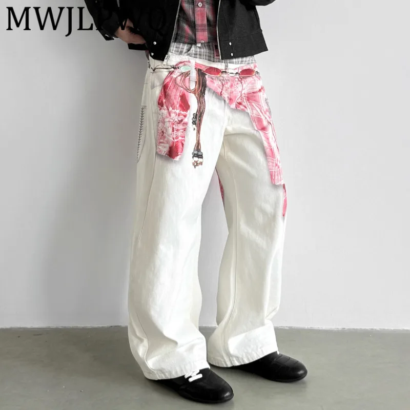 

MWJLPWQ нерегулярный клетчатый лоскутный дизайн, джинсовый шарф, брюки, мужские осенние свободные прямые длинные брюки с высокой талией и принтом 12331