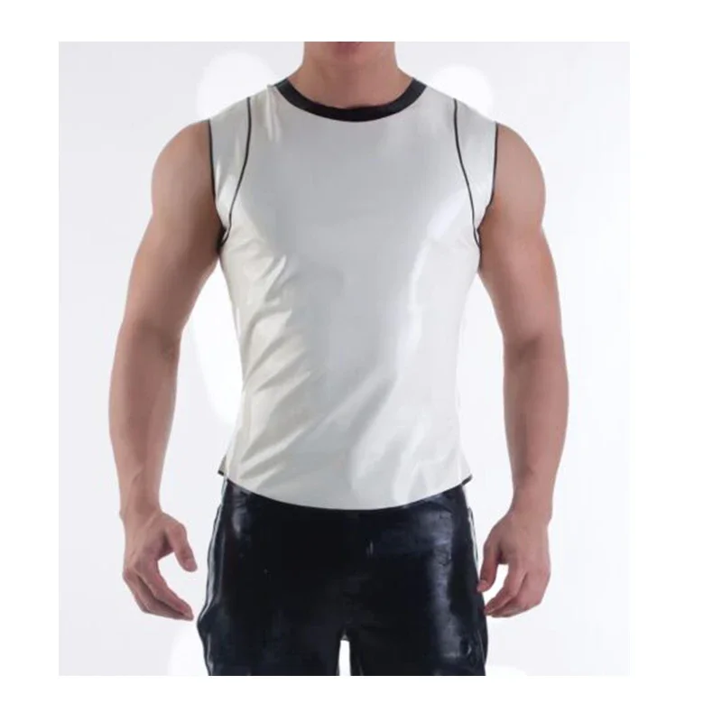 Men's 100% Handmade Latex Vest Top Sleeveless White with Black Trims Top T-shirt  XS To XXXL