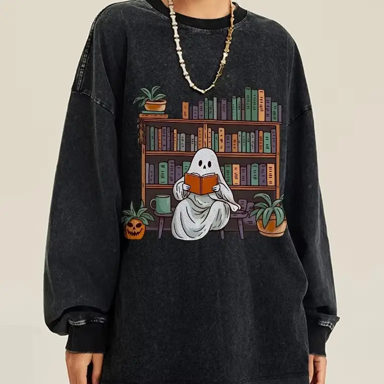 

Cute Ghost Bookshelf Printed Sweater High Quality Cotton Round Neck Pullover Loose Oversize Shoulder Trend New Long Sleeves