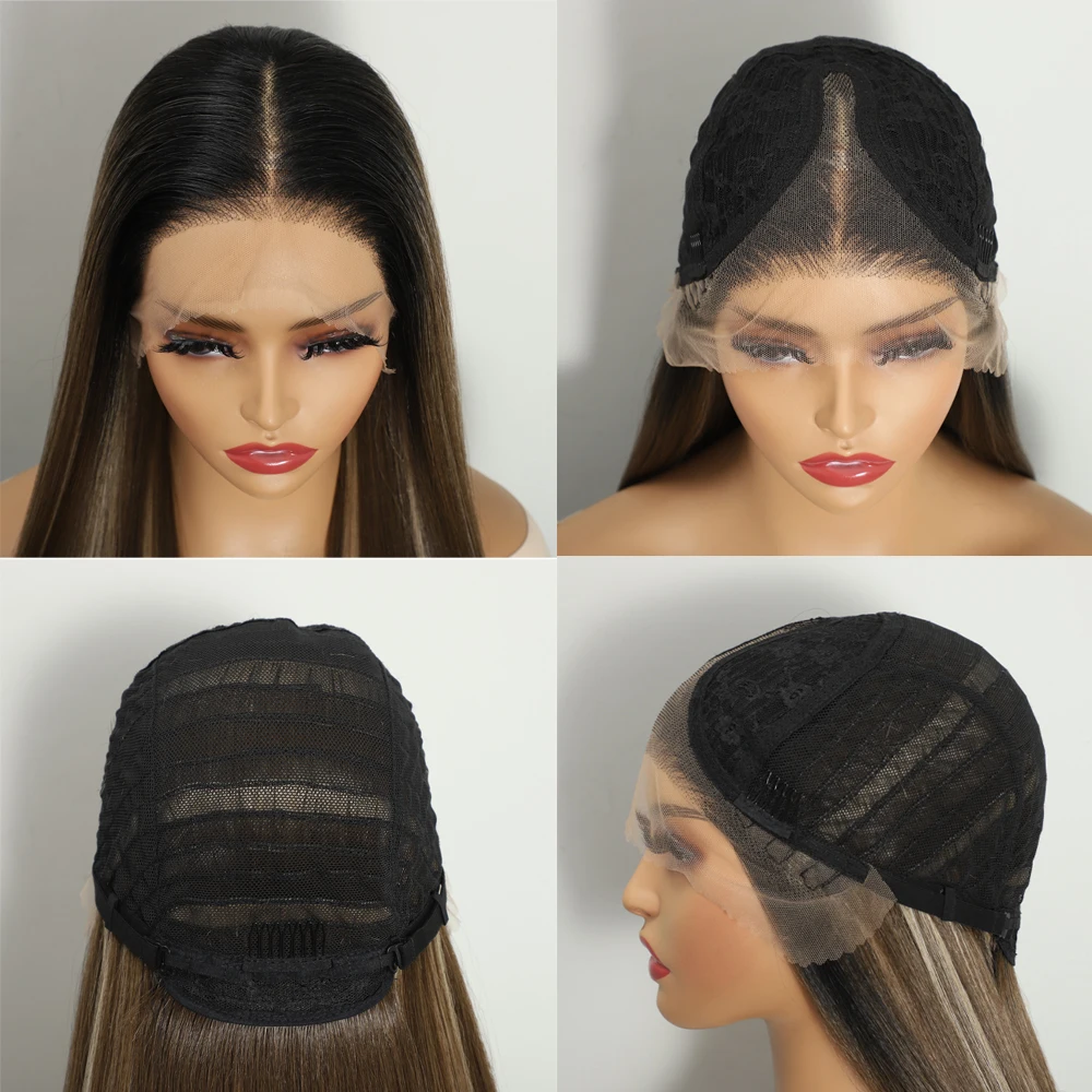 Synthetic HD Transparent T-Part Lace Front Wig Straight Ombre Brown Hair Heat Resistant Wig for Women
