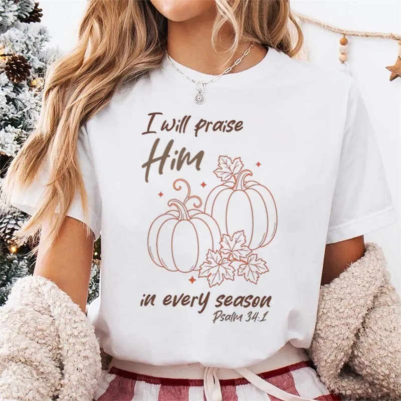 Pumpkin Line Art Christian T-Shirt Women's Aesthetic T-Shirt Fall Basic Top White Short Sleeve Graphic Women's Trendy T-Shirt