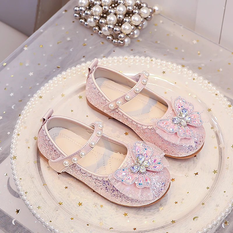 Mädchen Lederschuhe mit Glänzenden Pailletten und Süßen Schleifen, Kinder Flache Schuhe mit Klettverschluss, 2026 Neue Mode Kindertanzschuhe für Party und Hochzeit – Detail 6