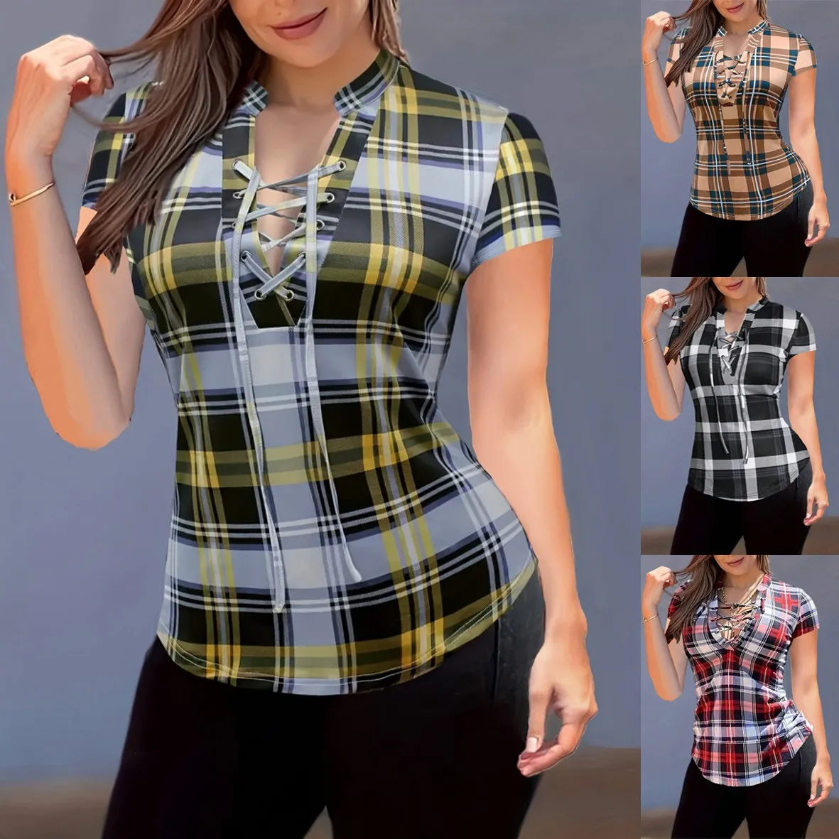 

Summer Clothes Blouse Women Short Sleeve Printed Blouses Black And White Plaid Slim Fit Stand Collar Neck Lace Up Fitted