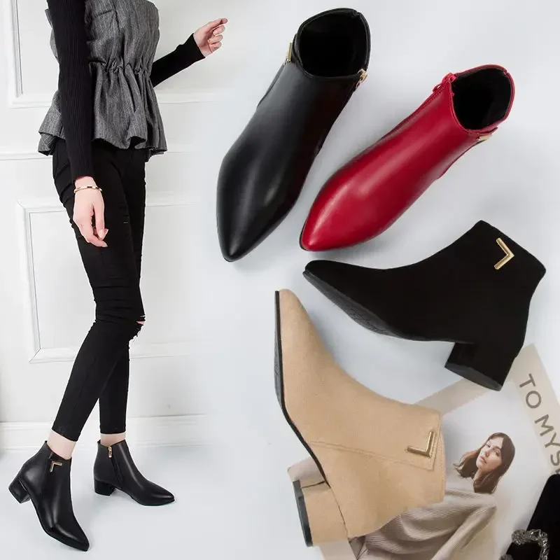 Fashion Women Boots Casual Leather Low High Heels Spring Shoes Woman Pointed Toe Rubber Ankle Boots Black Red Zapatos Mujer785
