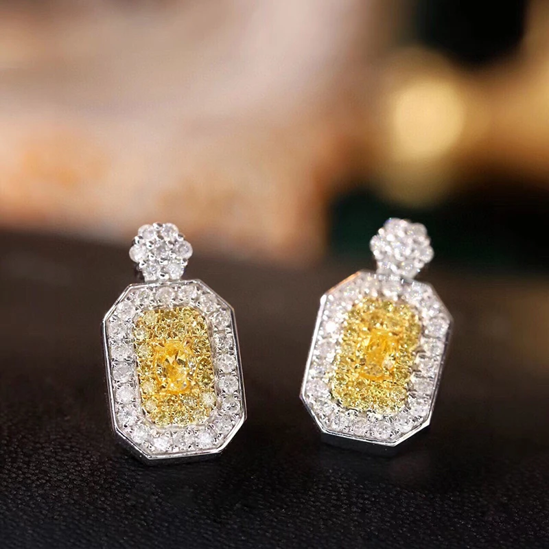 Aazuo Fine  Jewelry18K White Gold Real Yellow Diamonds Square Stud Earring Love Gifted For Women Wedding Party Real Gold Au750