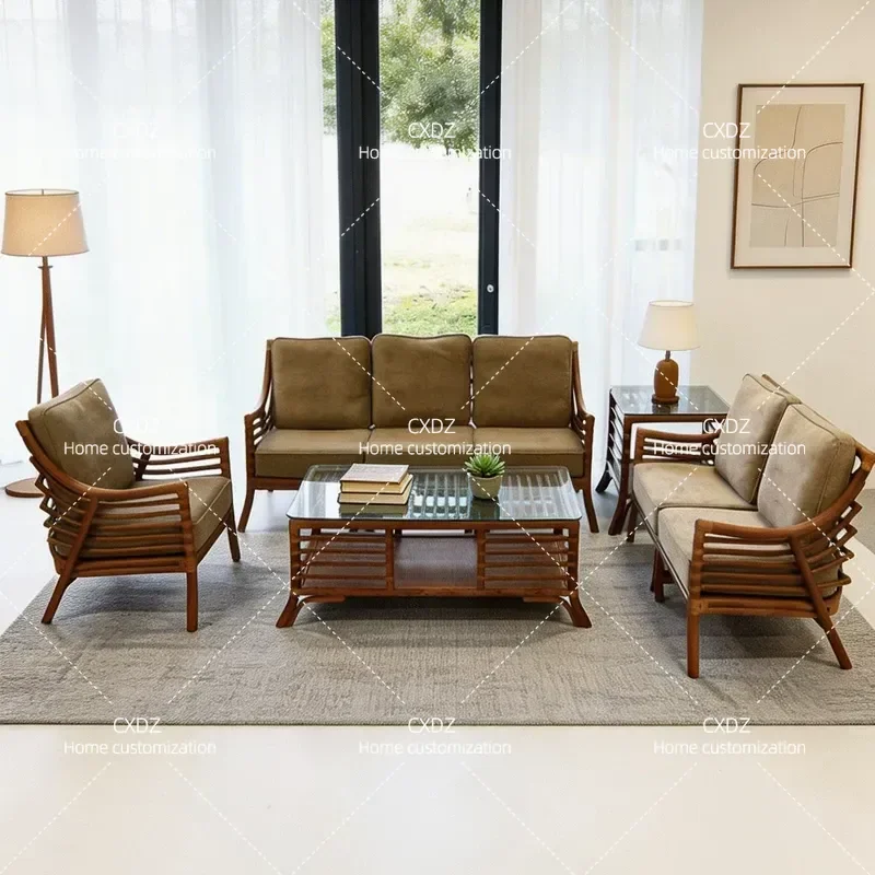 Rattan Sofa Set for Living Room Simple 3 Seater with Coffee Table Wabi Sabi Style Customizable Furniture