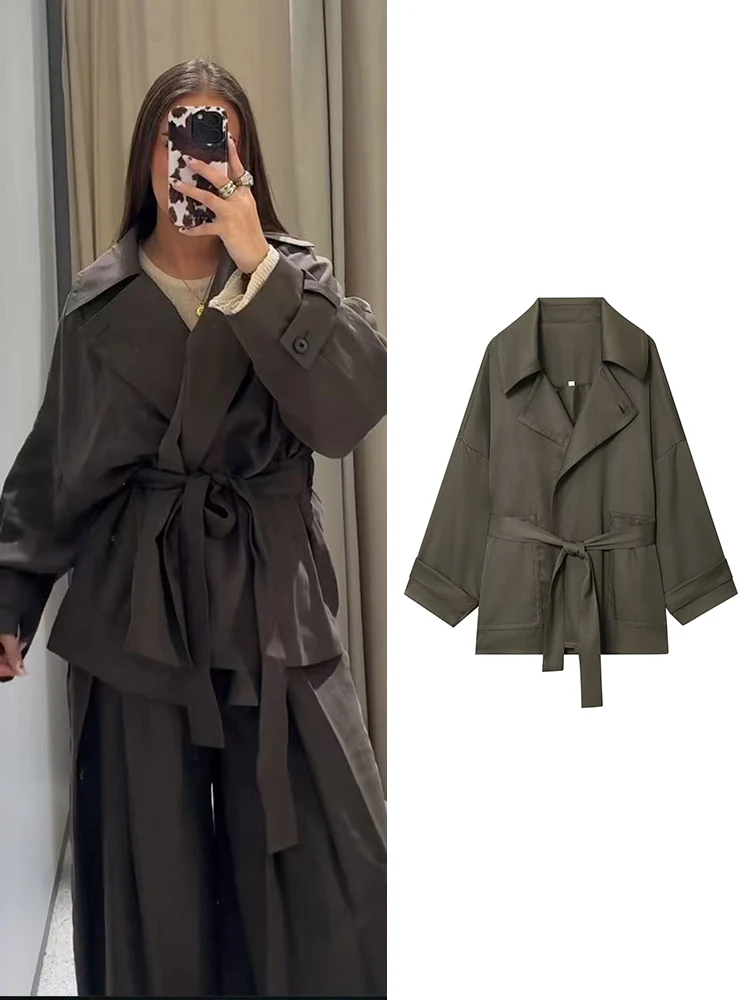 

TFMLN Осенний женский короткий плащ с ремнями, женская элегантная свободная куртка с отложным воротником, женская ветровка, верхняя одежда
