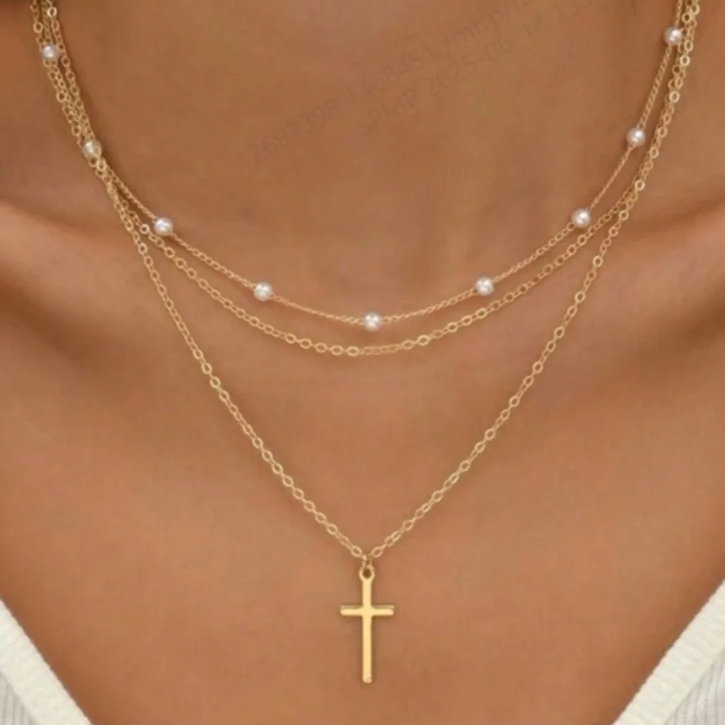 Layered Pearl Cross Necklace, Multi Pendant Adjustable Choker, Stackable Vintage Necklace for Women Jewelry