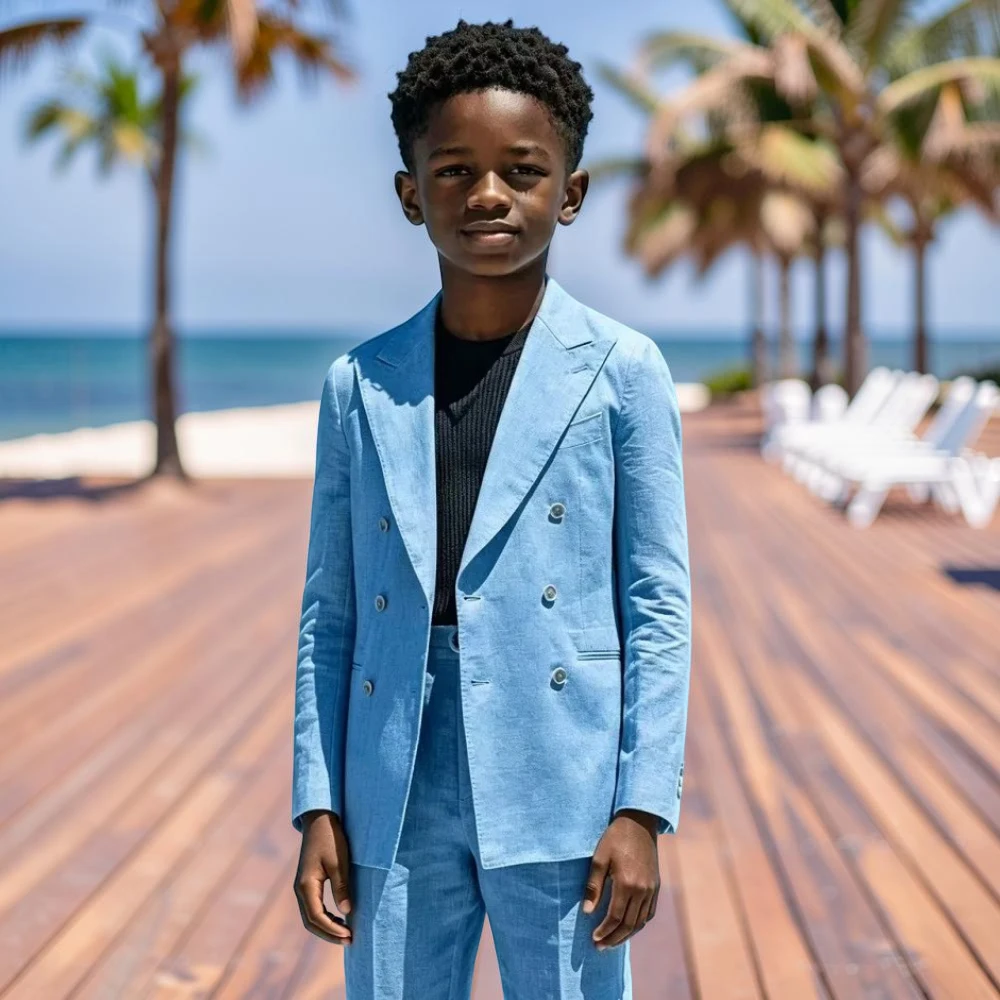 Double Breasted Linen Boys Summer Beach Suit 2 Pieces Slim Fit Kids Wedding Tuxedo Jacket Pants Child Outfit for Holiday Party