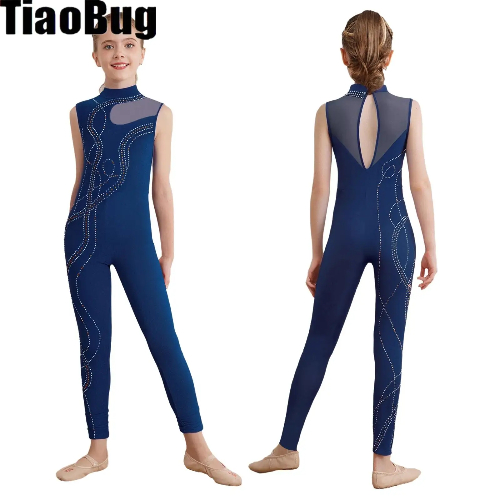 

Girls Shiny Rhinestones Gymnastics Dance Jumpsuit Mock Neck Sleeveless Sheer Mesh Ballet Figure Skating Full Bodysuit Leotards