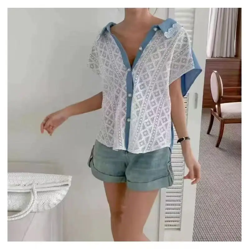 

Japanese Style Lace Splice Denim Color Block Vintage Summer New Loose Hong Kong Style Asymmetrical Short Sleeve Women's Shirt