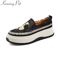 Krazing Pot 2023 Ins Horsehair Platform Print Fashion Sneakers Slip On Loafers Preppy Style Luxury Casual Women Vulcanized Shoes