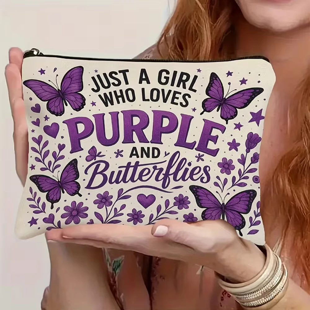 Purple Butterfly Artistic Makeup Bag – Lightweight Zippered Bag for Women, Featuring Double-Sided Floral and Butterfly Designs, Travel Storage Toiletry Bag, a Thoughtful Gift for Mom, Friends, and Teachers