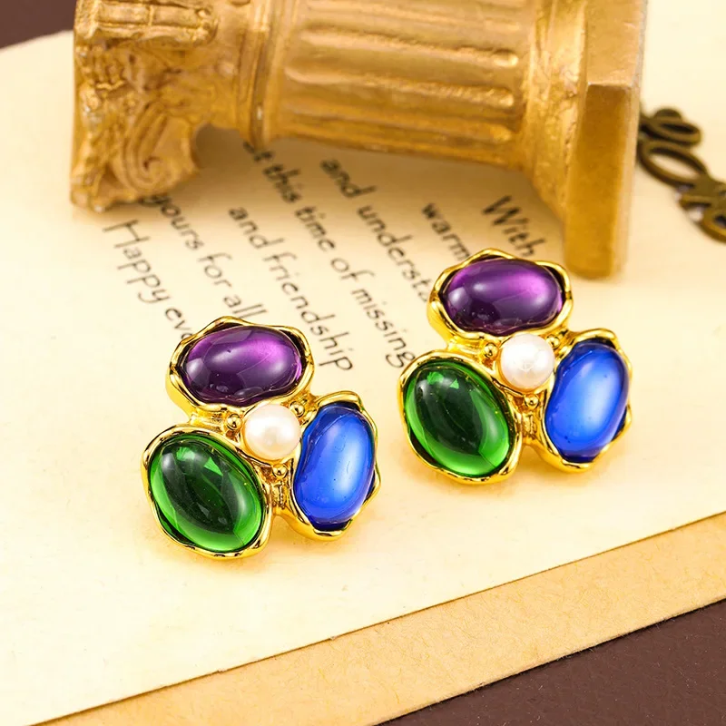 

Court style three-color glazed Jane design French retro stud earrings for women