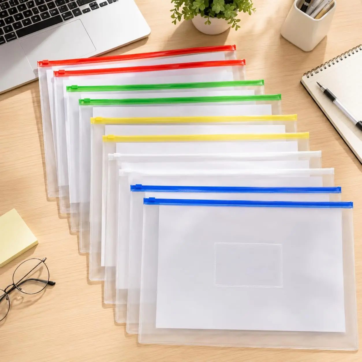 10pcs Transparent A4 Zip File Pouch Multi Color Plastic Document Bag Tag Pocket Student Office Stationery Paper Storage Folder