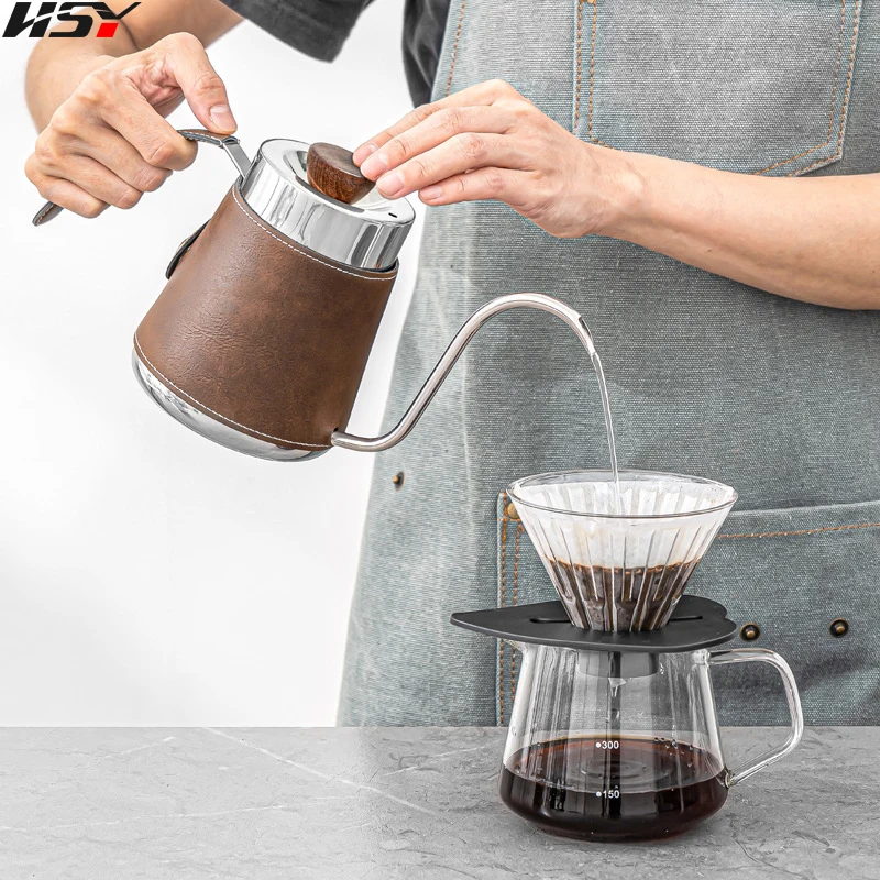 600ML Coffee Hand Brewing Kettle Long Narrow Mouth Kettle Stainless Steel Mini Kettle Leather Cover Buckle Outdoor Coffee Pot