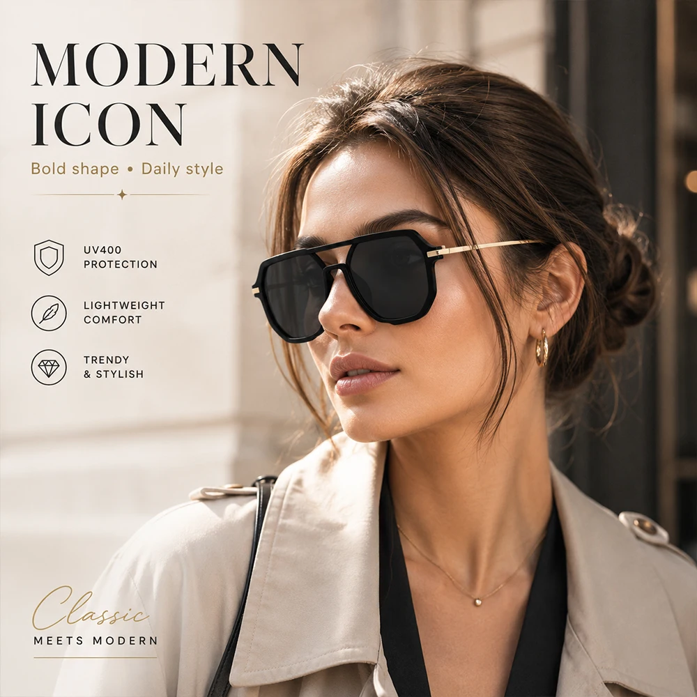 Retro Doppelbrücken-Sonnenbrille Quadratisch für Damen und Herren Vintage UV400 Modische Sonnenbrille für Täglichen Outdoor-Gebrauch – Detail 1