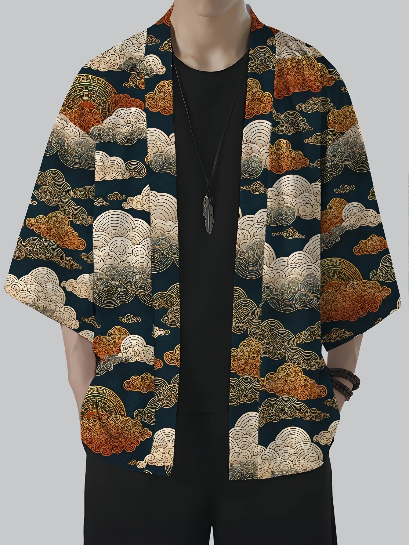 

Men's kimono Men's lightweight kimono Men's golden cloud pattern open-collar kimono shirt Summer street fashion top kimono shirt