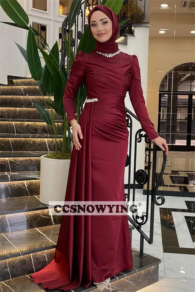 Burgundy Satin Beaded Hijab Muslim Evening Dresses Islamic Long Sleeve Formal Party Gown Women Arabic Dubai Robes De Soirée